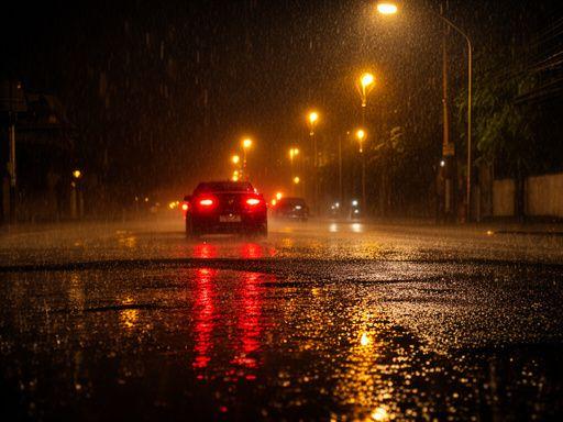 Wet road and tail lights during a monsoon downpour