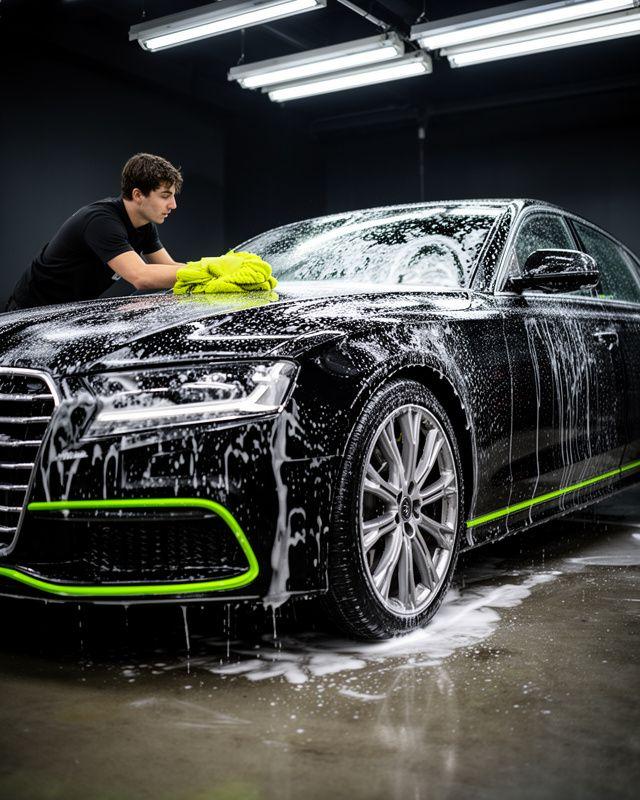 Black coupe being hand-washed under controlled studio lighting