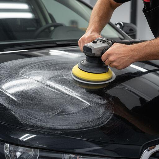 Dual-action polisher correcting swirl marks on a bonnet