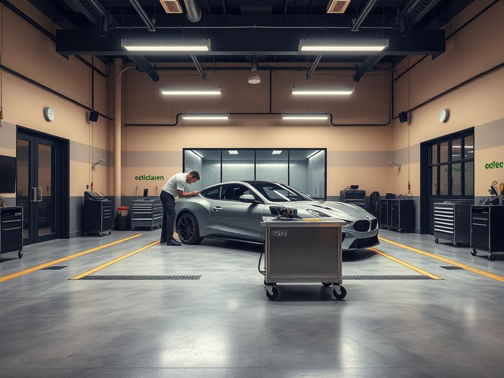 Joltwave detailing bay with overhead daylight lamps and polishing stations